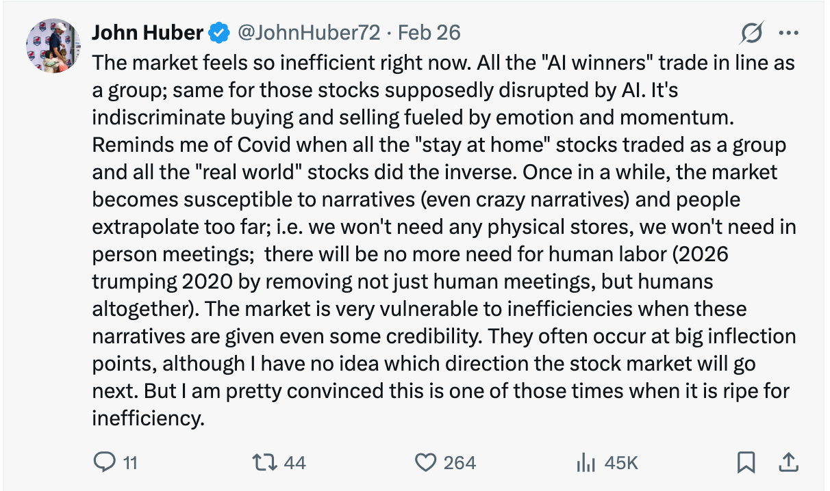 John Huber tweet about market inefficiency and indiscriminate AI-driven selling